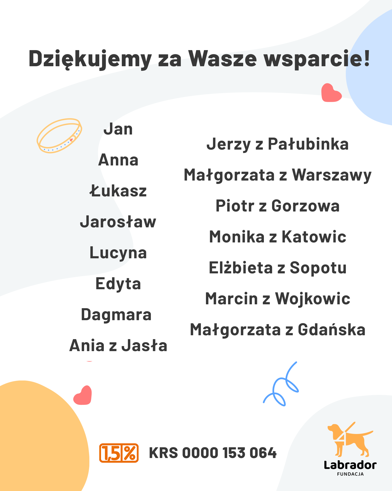 „Grafika z&nbsp;napisem ‘Dziękujemy za Wasze wsparcie!’ oraz listą imion darczyńców: Jan, Anna, Łukasz, Jarosław, Lucyna, Edyta, Dagmara, Ania z&nbsp;Jasła, Jerzy z&nbsp;Pałubinka, Małgorzata z&nbsp;Warszawy, Piotr z&nbsp;Gorzowa, Monika z&nbsp;Katowic, Elżbieta z&nbsp;Sopotu, Marcin z&nbsp;Wojkowic, Małgorzata z&nbsp;Gdańska. Na dole widoczna jest informacja o&nbsp;1,5% podatku z&nbsp;numerem KRS 0000 153 064 oraz logo Fundacji Labrador. Tło jasne, z&nbsp;delikatnymi kolorowymi elementami graficznymi.”