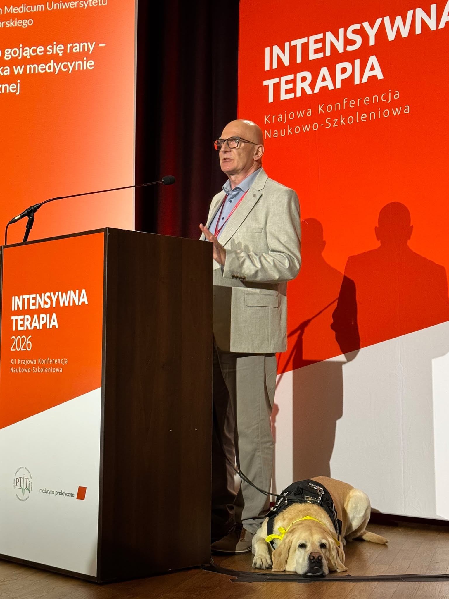 Mężczyzna w&nbsp;jasnym garniturze przemawia przy mównicy podczas XII Krajowej Konferencji Naukowo-Szkoleniowej „Intensywna Terapia 2026". U&nbsp;jego stóp leży spokojnie jasny labrador retriever w&nbsp;czarnej uprzęży z&nbsp;żółtą smyczą. W&nbsp;tle pomarańczowy baner konferencji z&nbsp;logo PTiT i&nbsp;„Medycyna Praktyczna". Na lewym ekranie widoczny fragment tytułu prelekcji dotyczącej ran w&nbsp;medycynie.