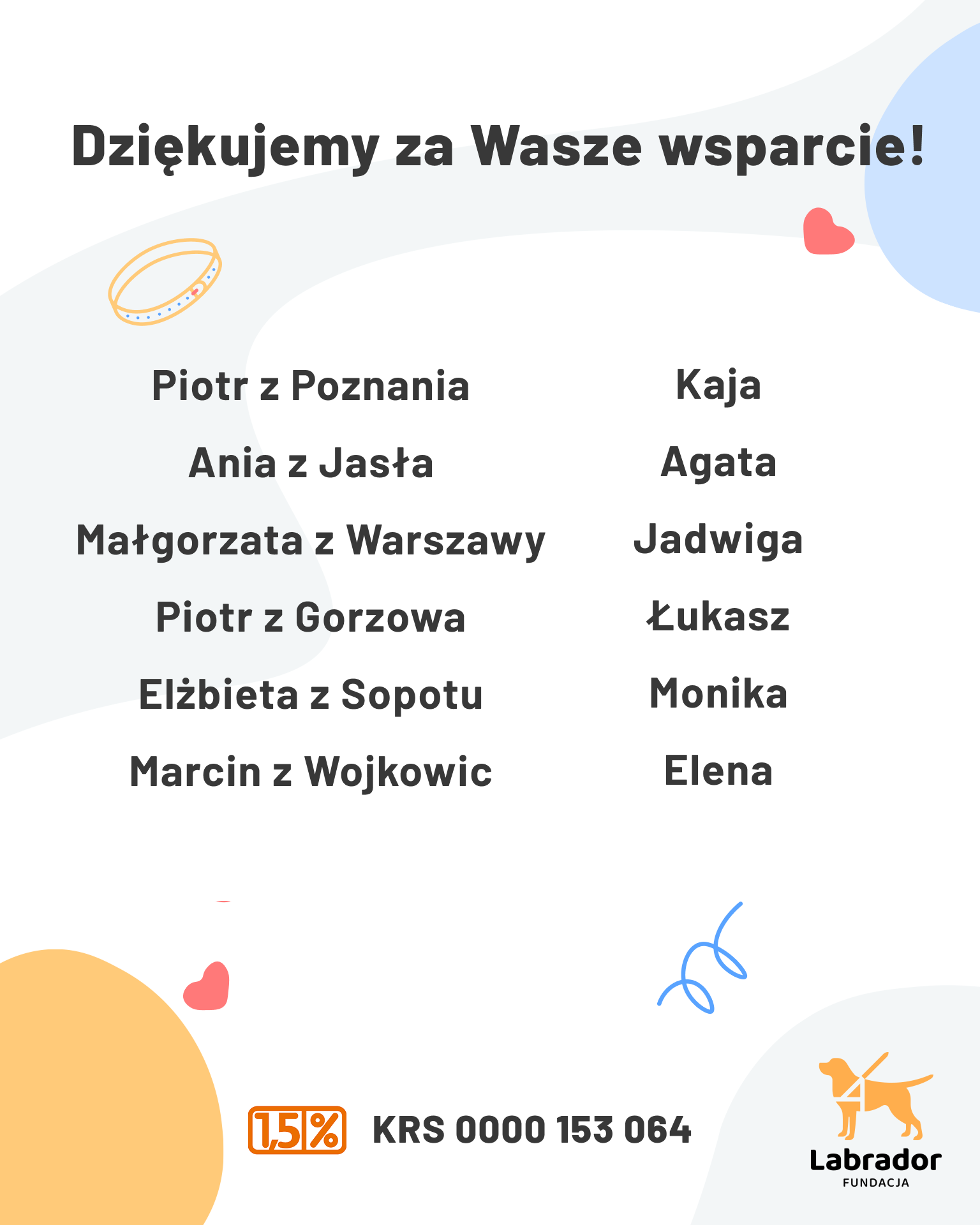 Na grafice znajduje się plansza z&nbsp;podziękowaniem dla Darczyńców Fundacji.  Nagłówek (u&nbsp;góry, centralnie): „Dziękujemy za Wasze wsparcie!”  Lista imion (w&nbsp;dwóch kolumnach):  Lewa kolumna: 	•	Piotr z&nbsp;Poznania 	•	Ania z&nbsp;Jasła 	•	Małgorzata z&nbsp;Warszawy 	•	Piotr z&nbsp;Gorzowa 	•	Elżbieta z&nbsp;Sopotu 	•	Marcin z&nbsp;Wojkowic  Prawa kolumna: 	•	Kaja 	•	Agata 	•	Jadwiga 	•	Łukasz 	•	Monika 	•	Elena  Dolna część grafiki: 	•	Oznaczenie: „1,5% KRS 0000 153 064” 	•	Logo Fundacji Labrador (sylwetka psa przewodnika w&nbsp;uprzęży) 	•	Napis: „Labrador Fundacja”