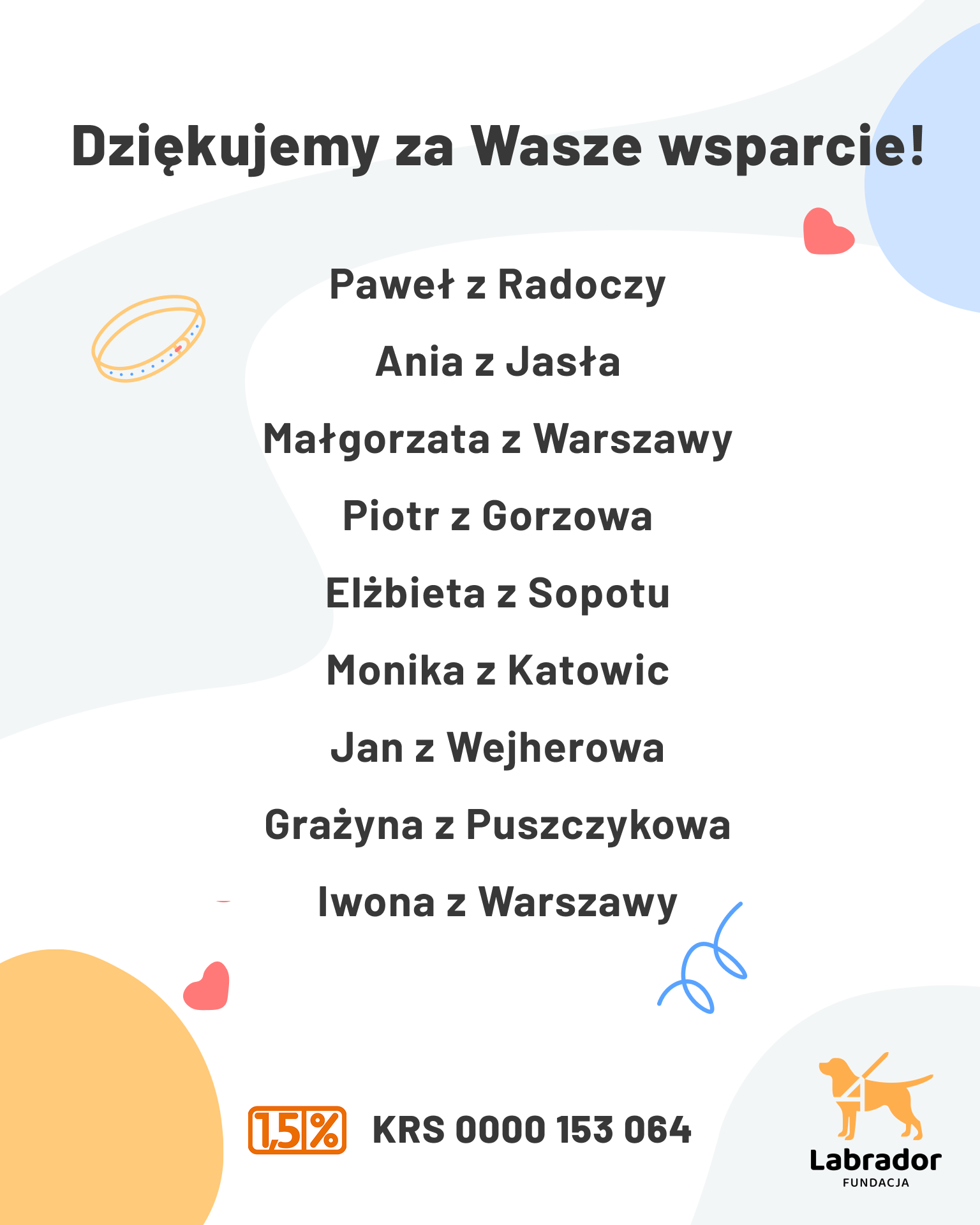 Na grafice widnieje napis „Dziękujemy za Wasze wsparcie!”, a&nbsp;poniżej lista imion darczyńców wraz z&nbsp;nazwami miejscowości, z&nbsp;których pochodzą. Tło jest jasne, z&nbsp;delikatnymi, kolorowymi ilustracjami serc i&nbsp;abstrakcyjnych kształtów. W&nbsp;dolnej części grafiki znajduje się informacja o&nbsp;przekazaniu 1,5% podatku z&nbsp;numerem KRS oraz logo Fundacji Labrador. Całość ma prostą, czytelną formę i&nbsp;charakter podziękowania dla wspierających.