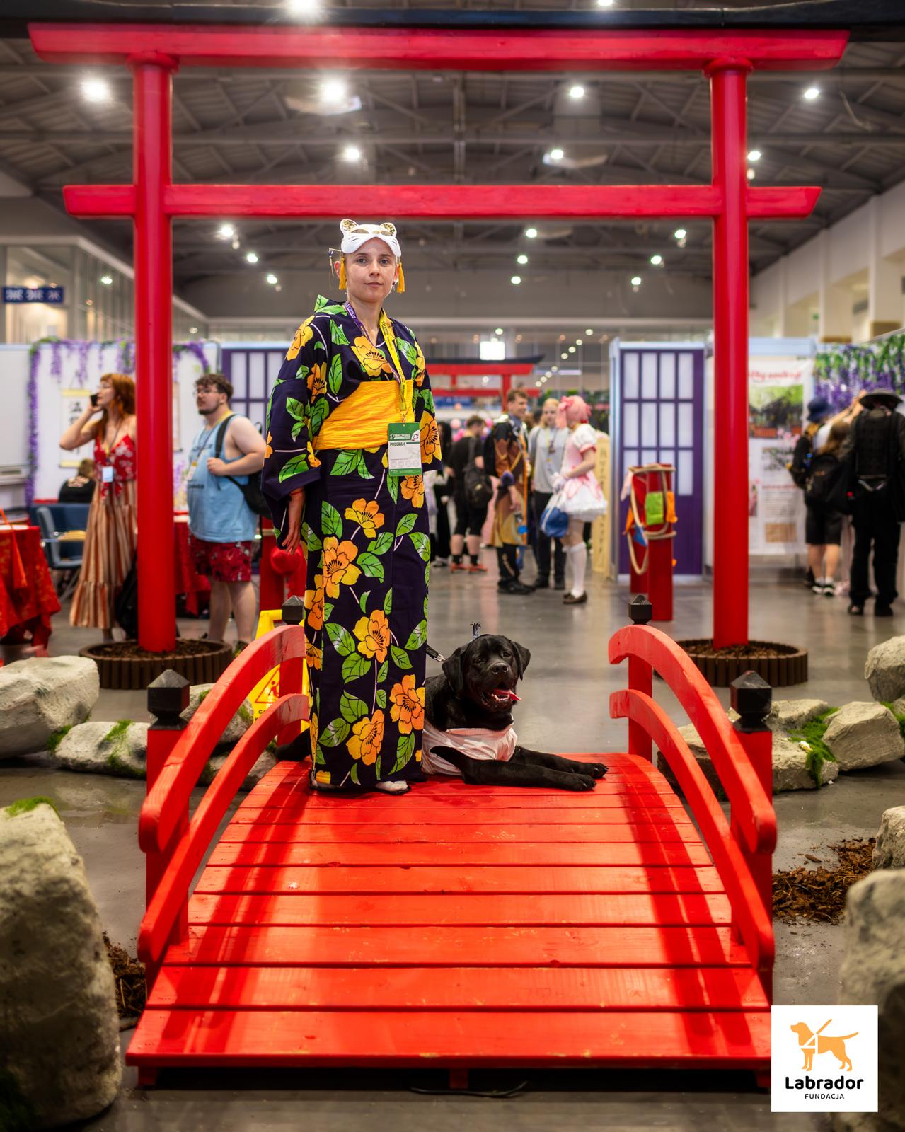 Kobieta ubrana w&nbsp;kolorowe kimono stoi na czerwonym drewnianym mostku wewnątrz hali targowej, a&nbsp;obok niej leży czarny labrador w&nbsp;stroju nawiązującym do japońskiej stylistyki. W&nbsp;tle widoczna jest czerwona brama torii, stoiska wystawców oraz uczestnicy wydarzenia. Zdjęcie pokazuje udział psa asystującego w&nbsp;imprezie masowej oraz jego zdolność do zachowania spokoju w&nbsp;głośnym i&nbsp;zatłoczonym otoczeniu.