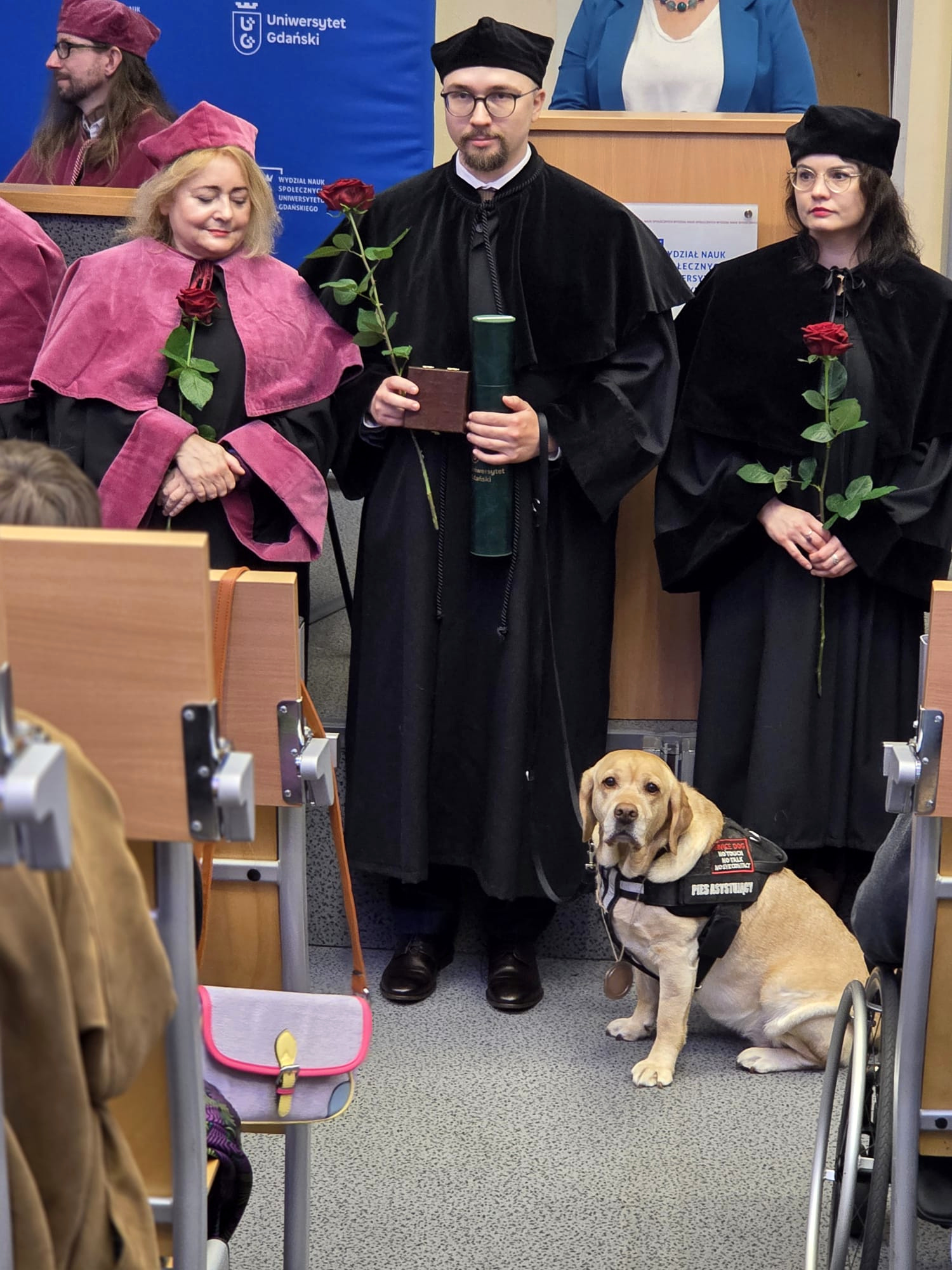 Jasna labradorka Amber siedzi w&nbsp;czarnych szelkach psa asystującego obok trzech osób ubranych w&nbsp;stroje akademickie, trzymających czerwone róże. Mężczyzna stojący pośrodku ma w&nbsp;dłoniach tubę na dyplom oraz niewielkie etui. W&nbsp;tle widoczne są oznaczenia Uniwersytetu Gdańskiego, a&nbsp;po prawej stronie fragment wózka. Fotografia dokumentuje udział Amber w&nbsp;uroczystości akademickiej, podczas której towarzyszy swojemu opiekunowi, pokazując znaczenie dostępności wydarzeń uniwersyteckich dla osób korzystających z&nbsp;pomocy psów asystujących.