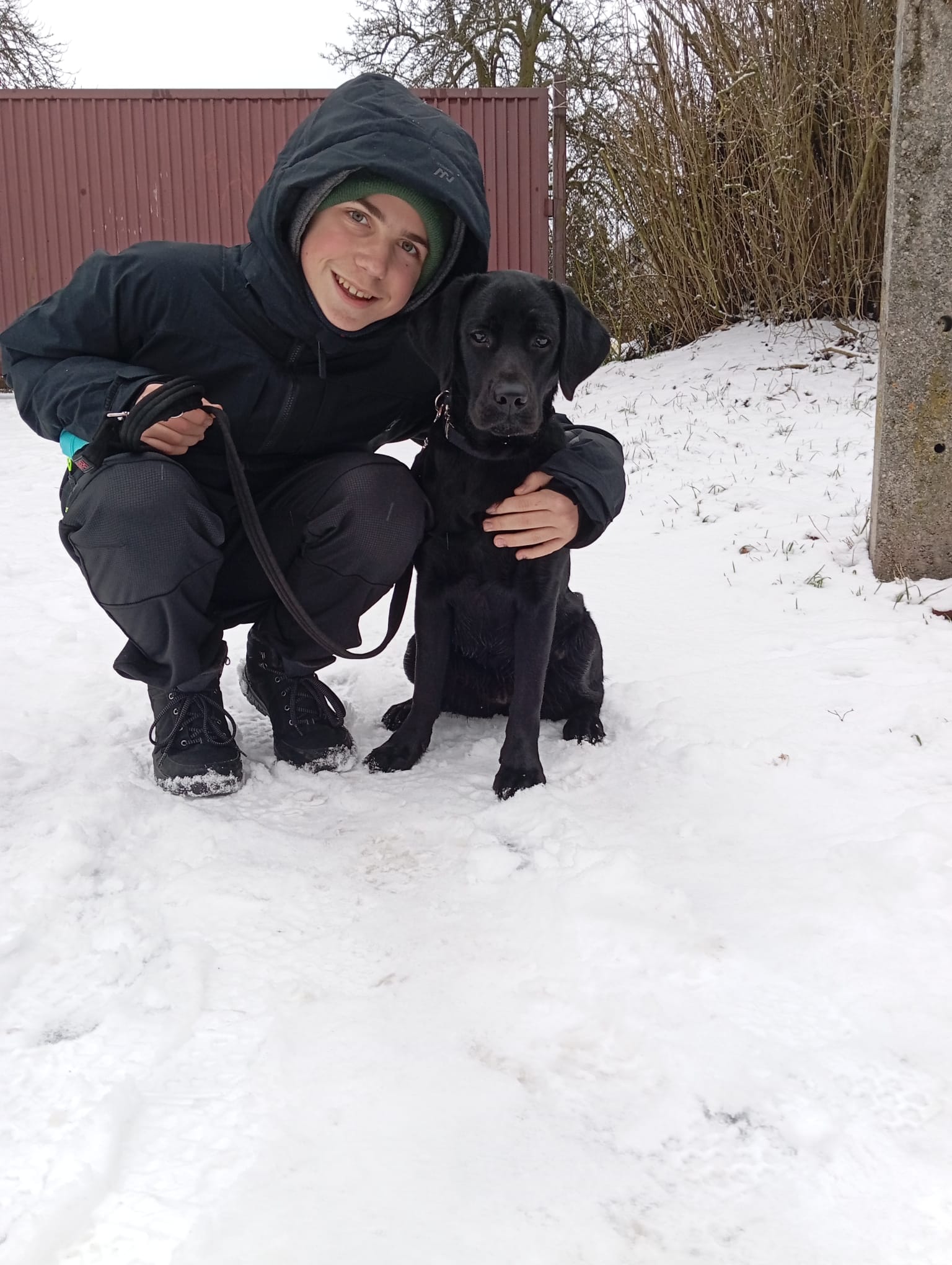 Dziecko w zimowym ubraniu kuca na śniegu obok czarnego labradora siedzącego spokojnie na smyczy. Jedną ręką obejmuje psa, a drugą trzyma smycz. W tle widać ośnieżone podwórko, ogrodzenie i bezlistne krzewy. Oboje patrzą w stronę aparatu.